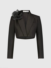 Black Notch Collar Crepe Cropped Tailored Blazer Jacket - Final Sale